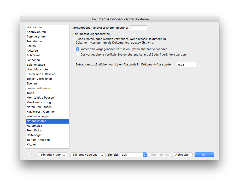 Dialogbox Dokument-Optionen – Notensysteme